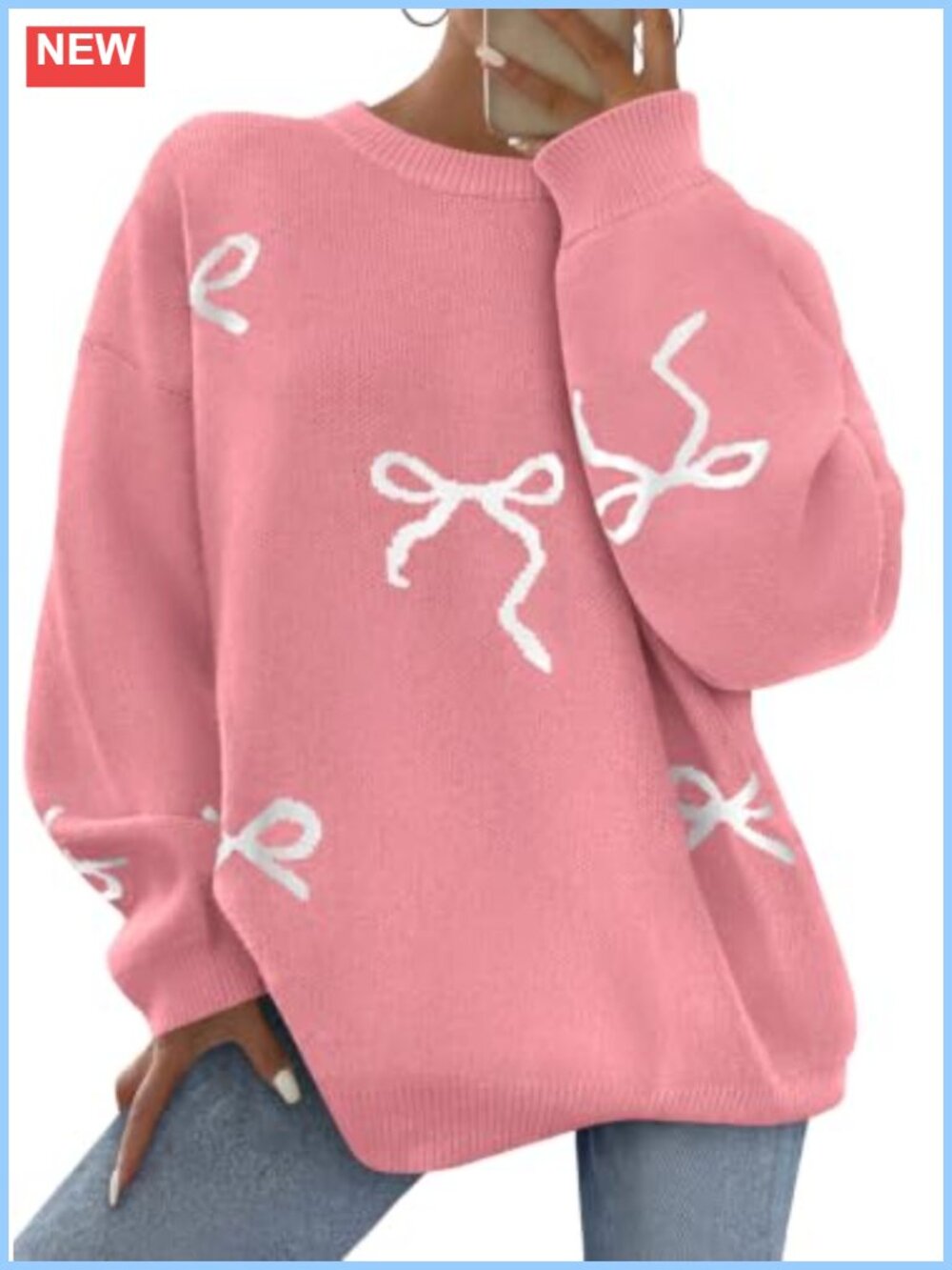 Women Long Sleeve Bow Oversized Chunky Knit Sweater Crew Neck Pullover